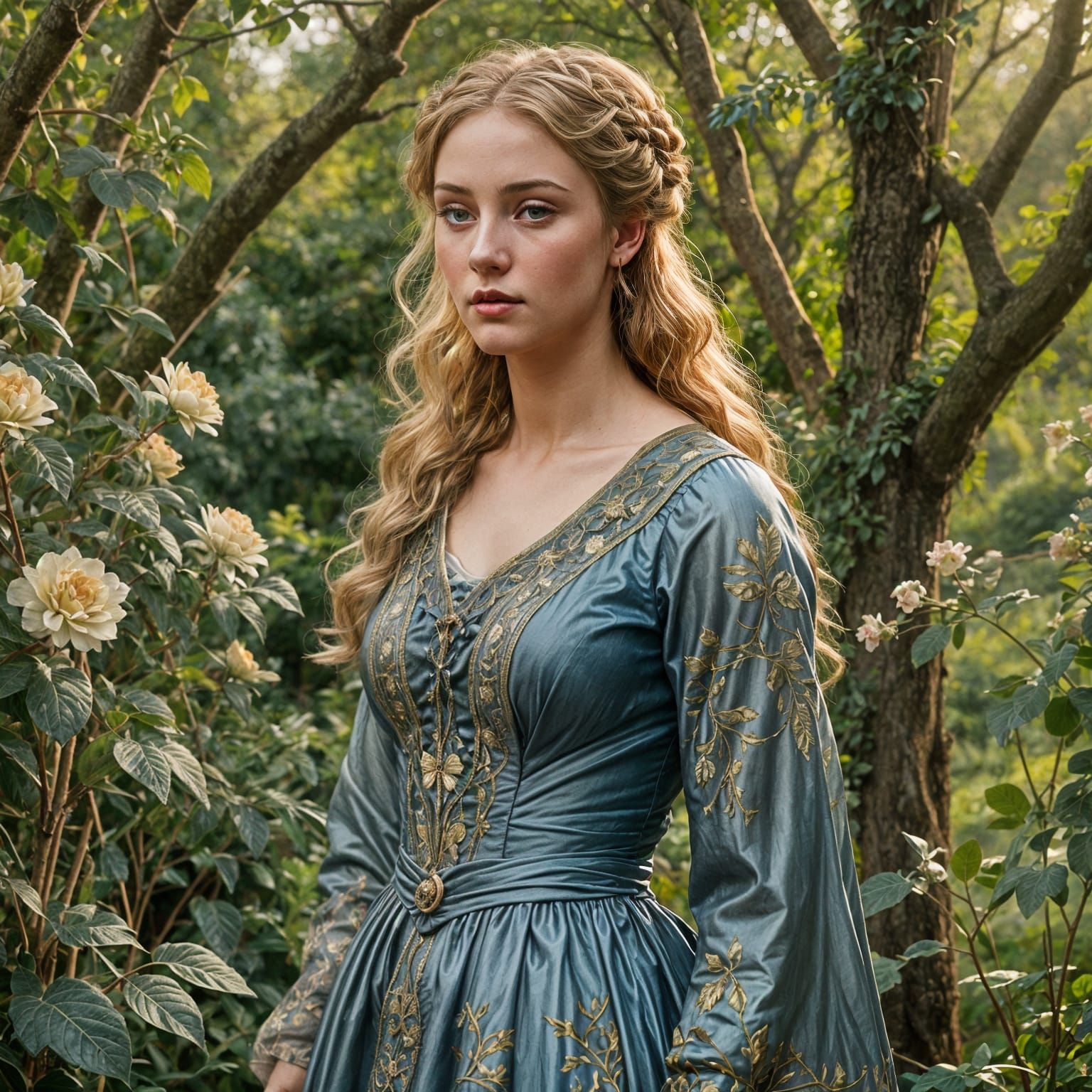 Ash Blonde Woman in Blue Gown, Pre-Raphaelite Lighting