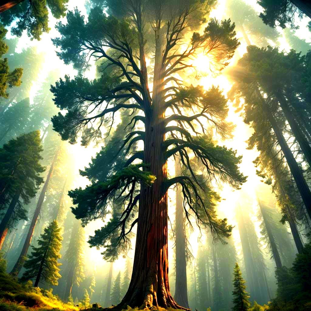 Sunlit Giant Redwood Tree in Detailed 3D Rendering