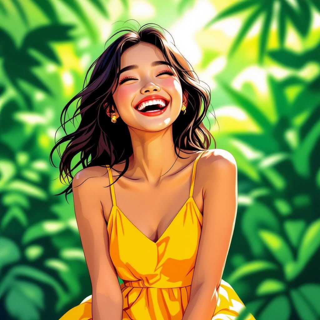Laughing Filipino Girl in Lush Greenery, Digital Painting