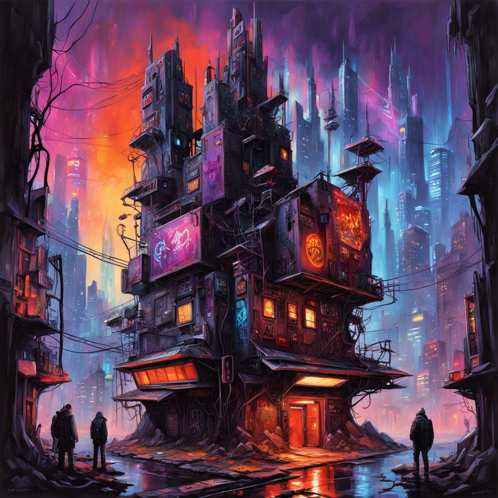 Cyberpunk House Overlooks Neon City at Sunset