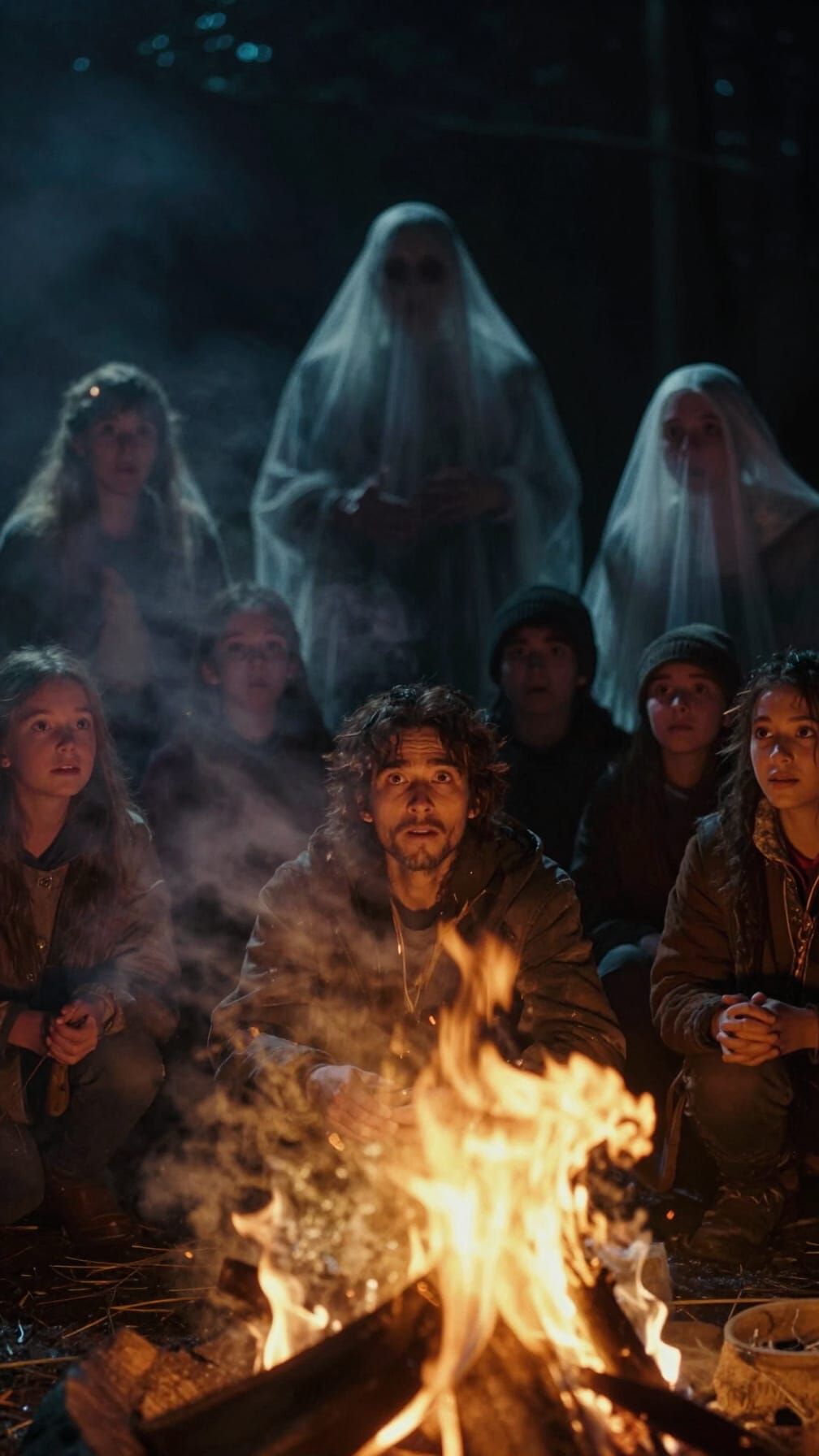 Campfire Storyteller in Forest Night with Manifesting Ghost ...