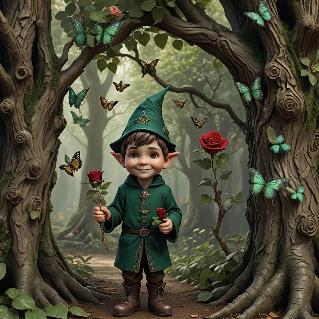 adorable cute spunky gnome with dark emerald green clothes, brown hair, hazel eyes, holding a single stem rose in his ha...
