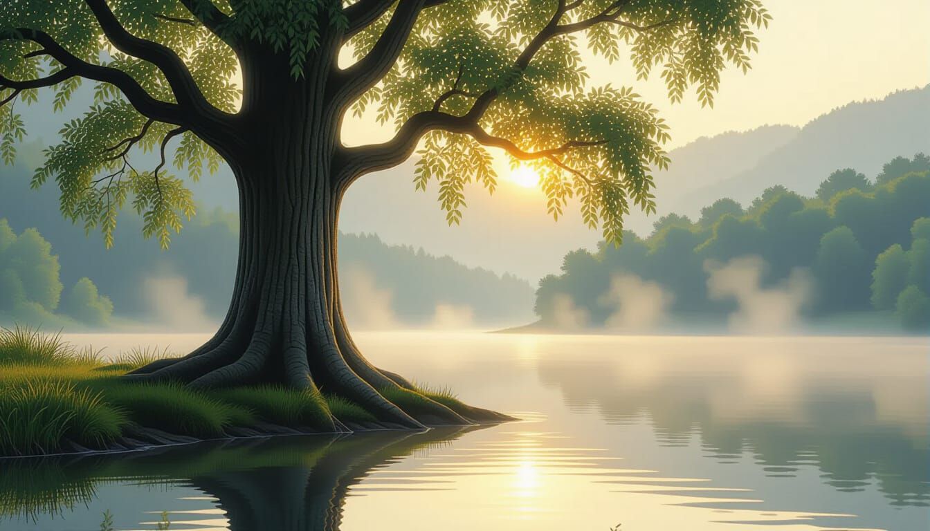 Ancient Tree by Tranquil Lake with Golden Light