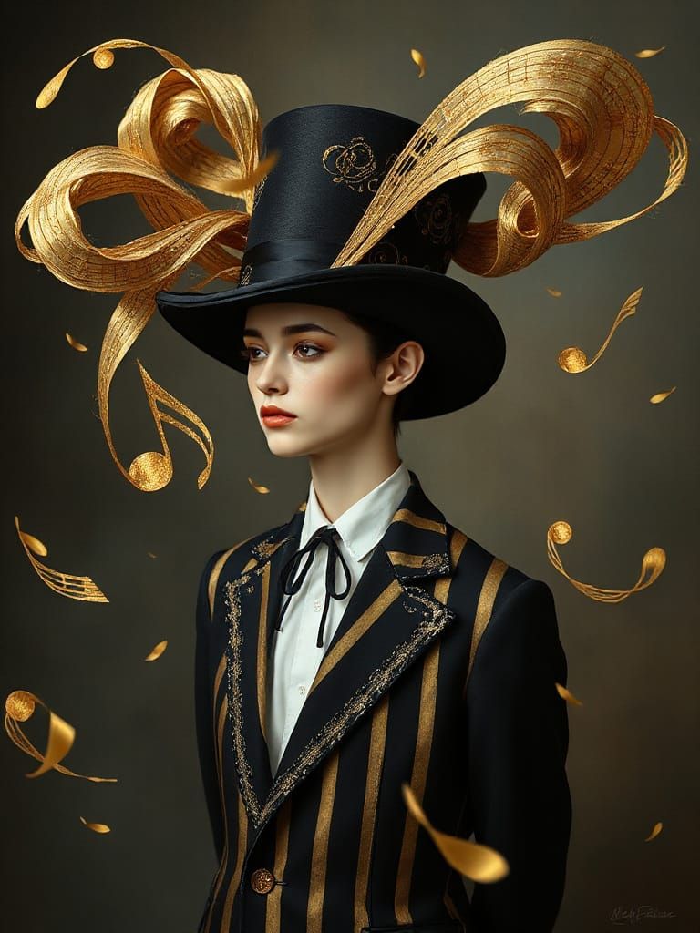 Elegant Figure in Opulent Opera Attire with Musical Notes