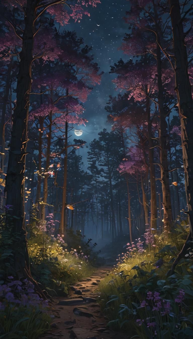 Ethereal Forest Moonlit Scene in Hyper-Realistic Digital Art