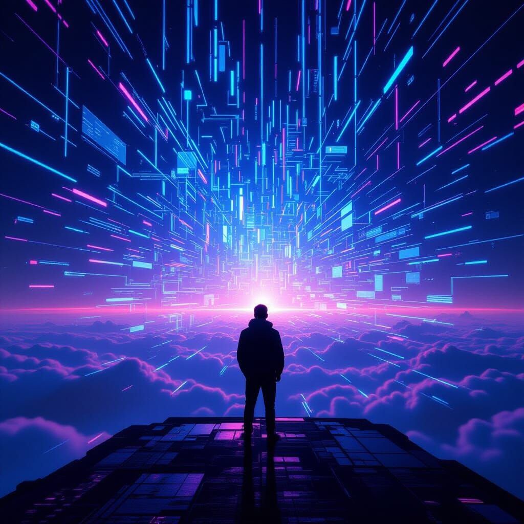 Digital Landscape with Silhouetted Figure and Neon Data Stre...