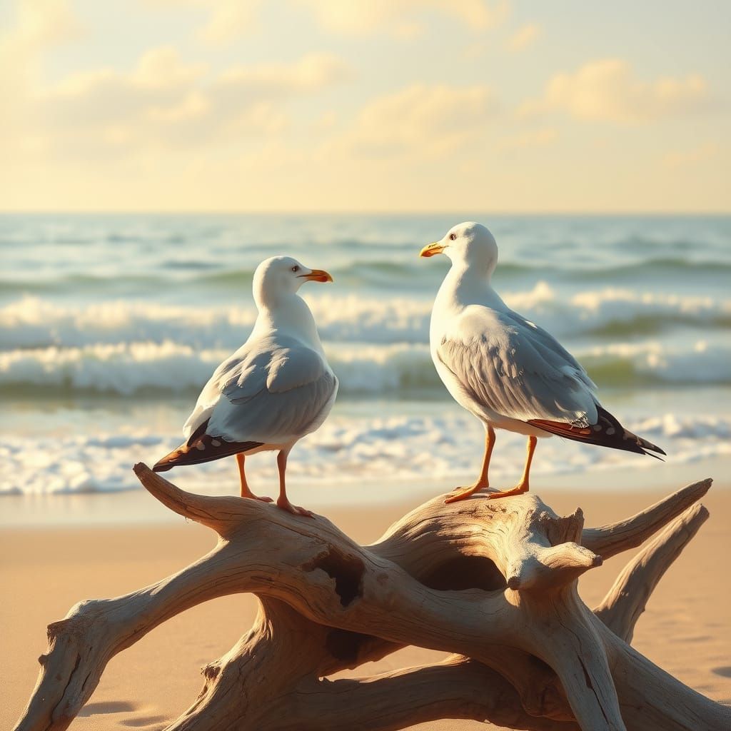 Seagulls Contemplate the Ocean on Weathered Beach Branches