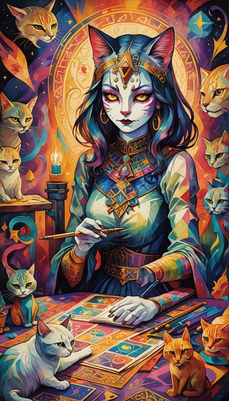 Surreal Cubist Cat Girl Designs Death Tarot Card