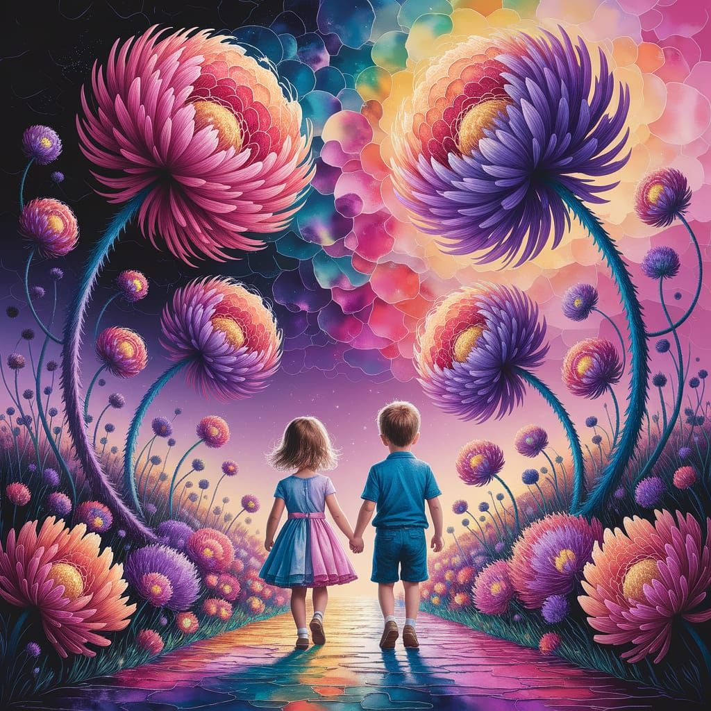 Dreamy Whimsical Watercolor Scene of Children in a Vibrant F...