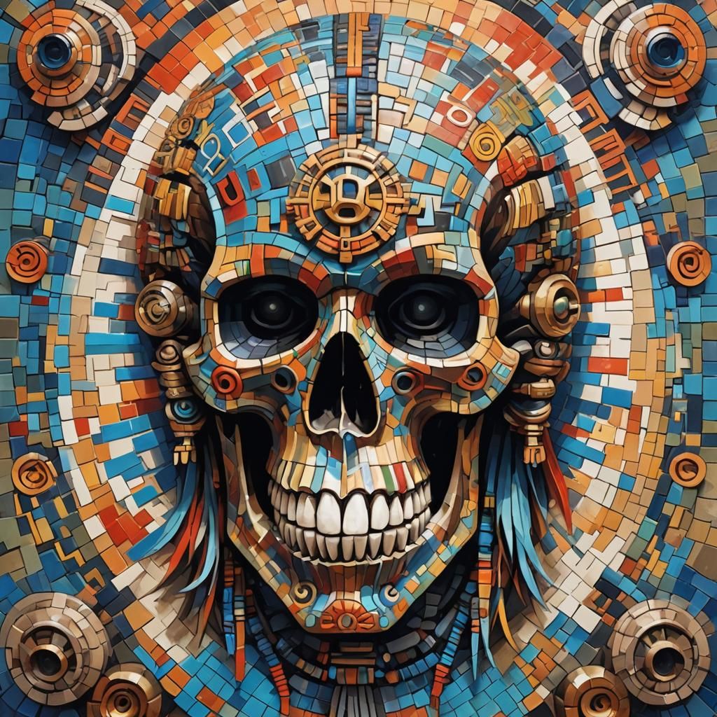 Vibrant Aztec Skull Mosaic in Gouache Style