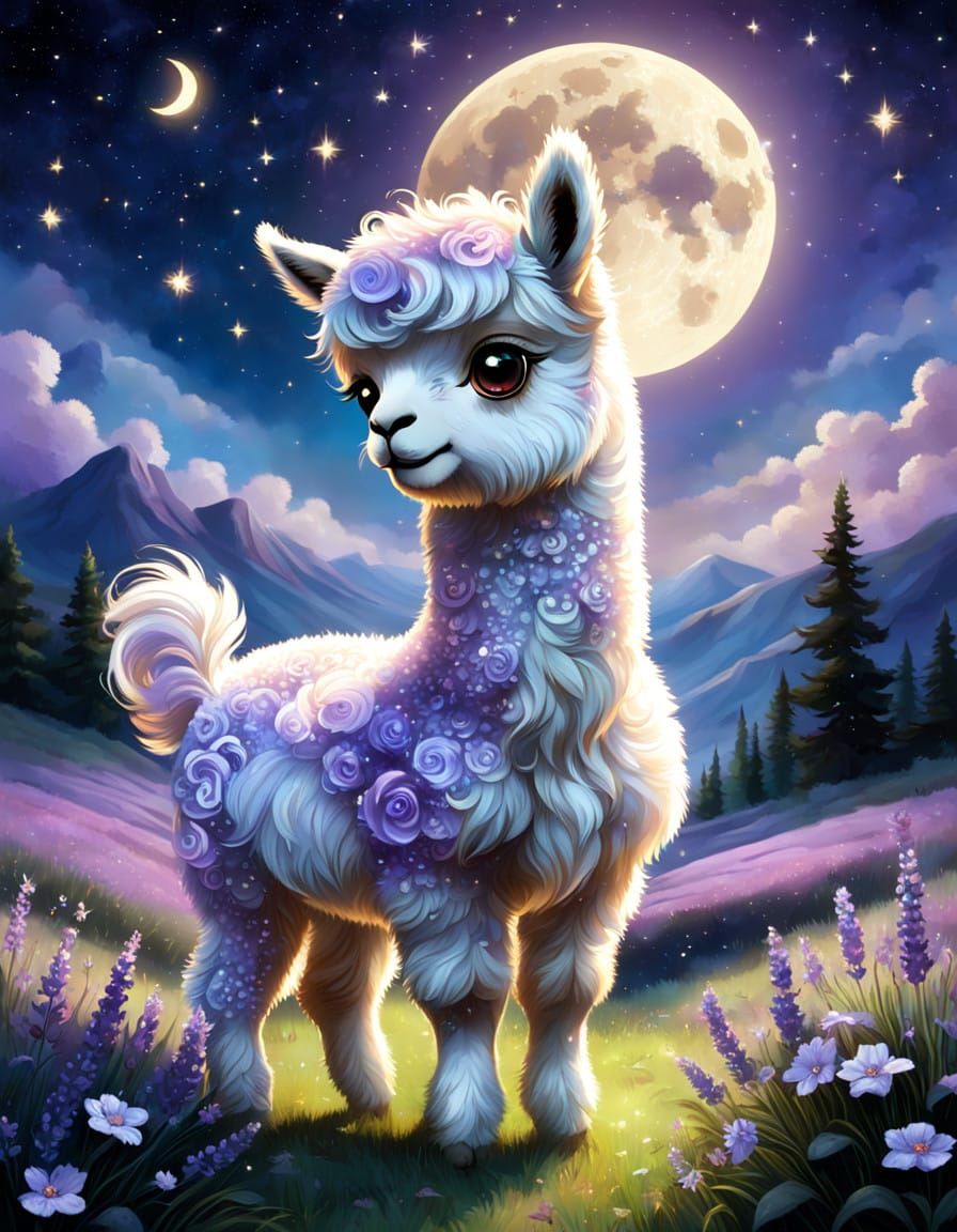 Whimsical Alpaca Amidst a Celestial Glow