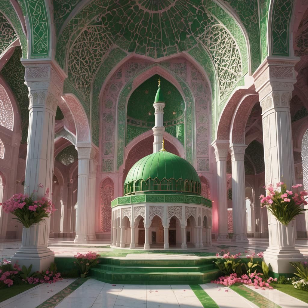 Hyperrealistic Madina Mosque with Green Dome and Pink Flower...