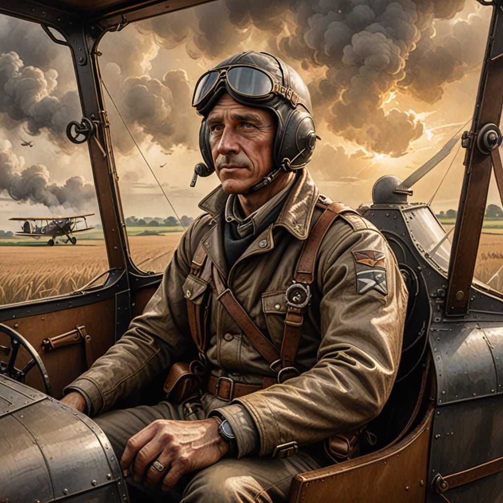 WWI Pilot in Sopwith Camel: Pencil Sketch