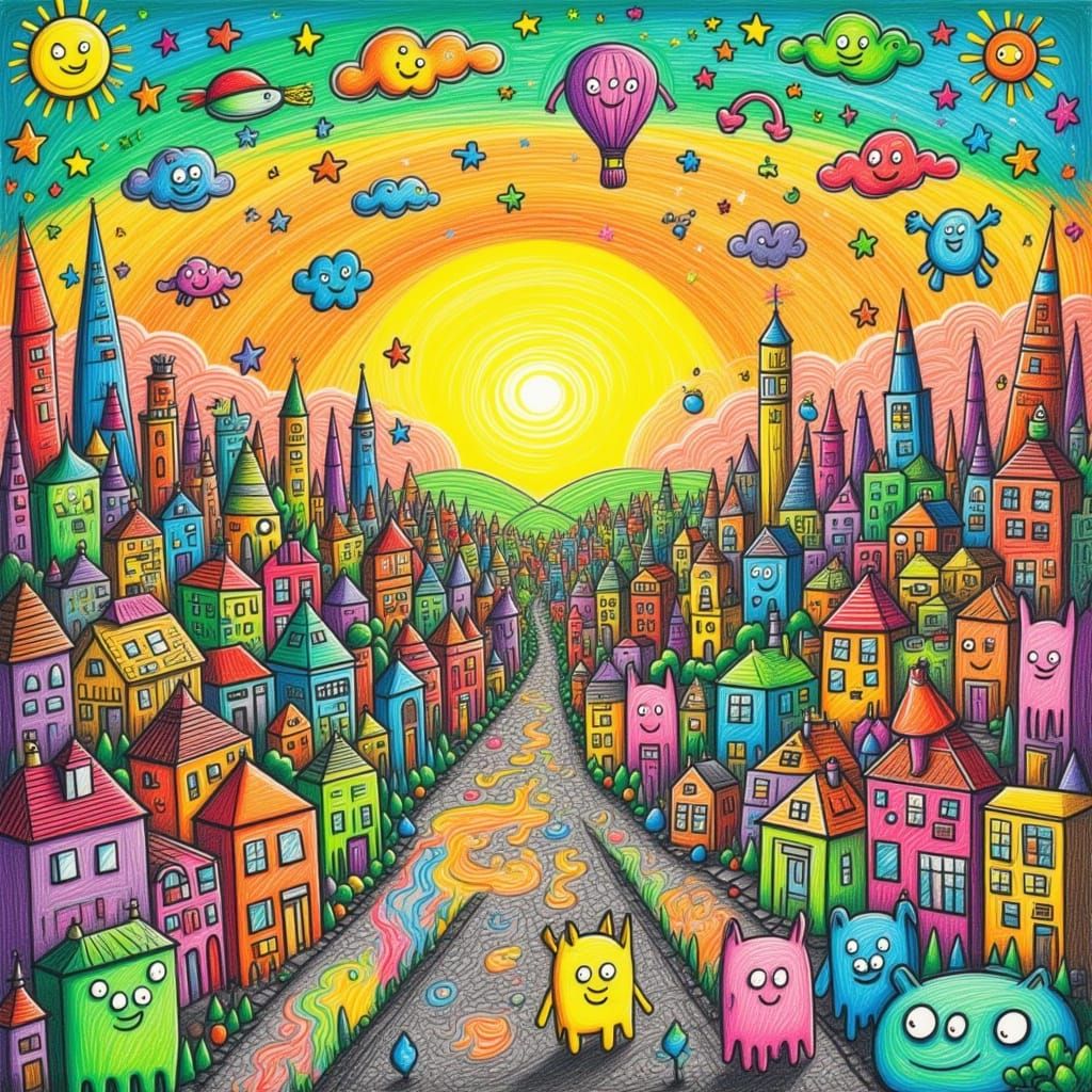 Vibrant Cartoon Cityscape at Sunset With Playful Characters