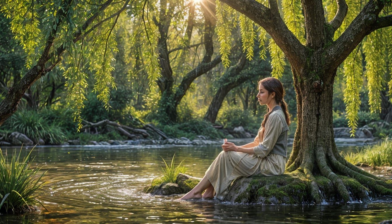 Woman Relaxing by Stream in Hyperrealistic Style
