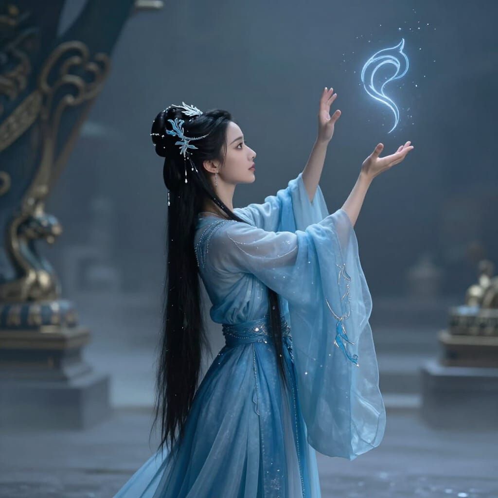 Ancient Blue Dress Sorceress Summons Aquarius in Misty Scene