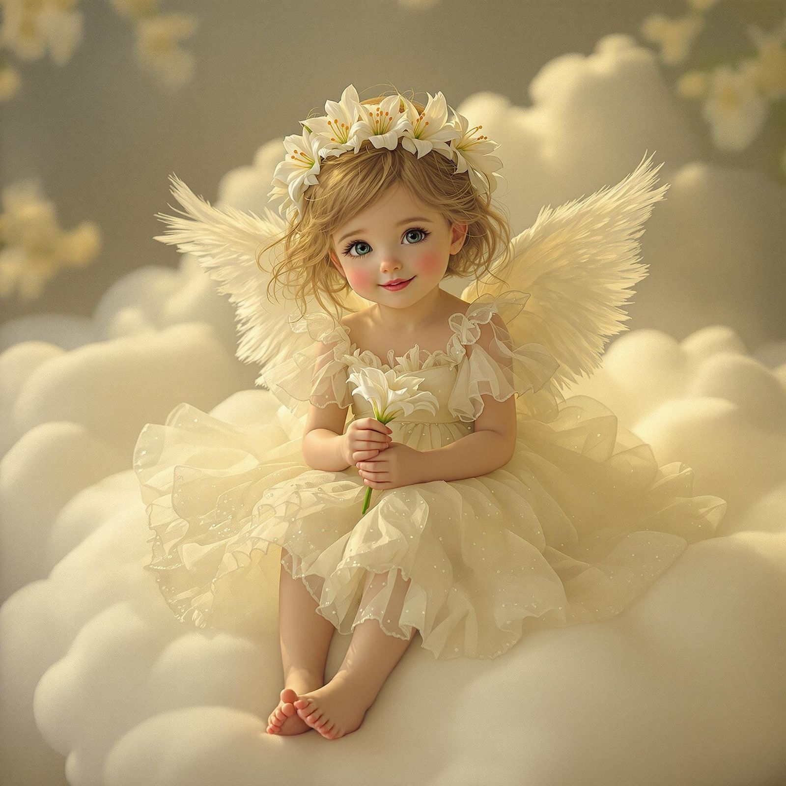 Girl with Angel Wings on Cloud in Oil Painting Style