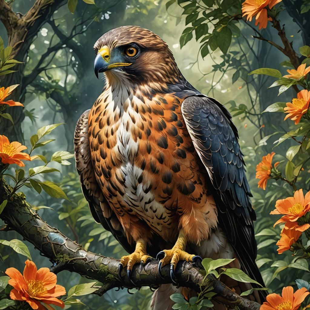 Ethereal Hawk Portrait in Lush Fantasy Landscape