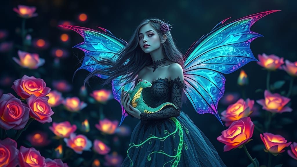 Iridescent Fairy Emerges from Glowing Rose Garden