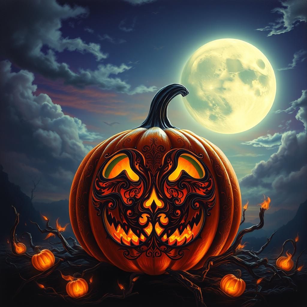 Mystical Jack-o-Lantern Moonscape in Airbrush Art Style