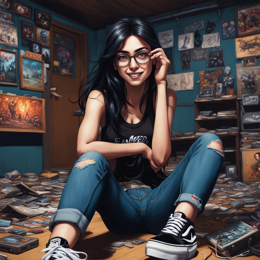 Girl in Gamer Room, Detailed Fantasy Art