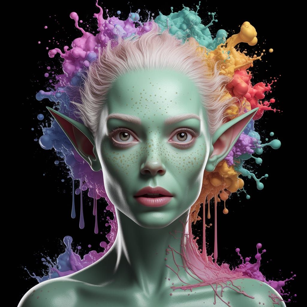 Elven Alien with Flowing Ink Hair, Surreal Portrait