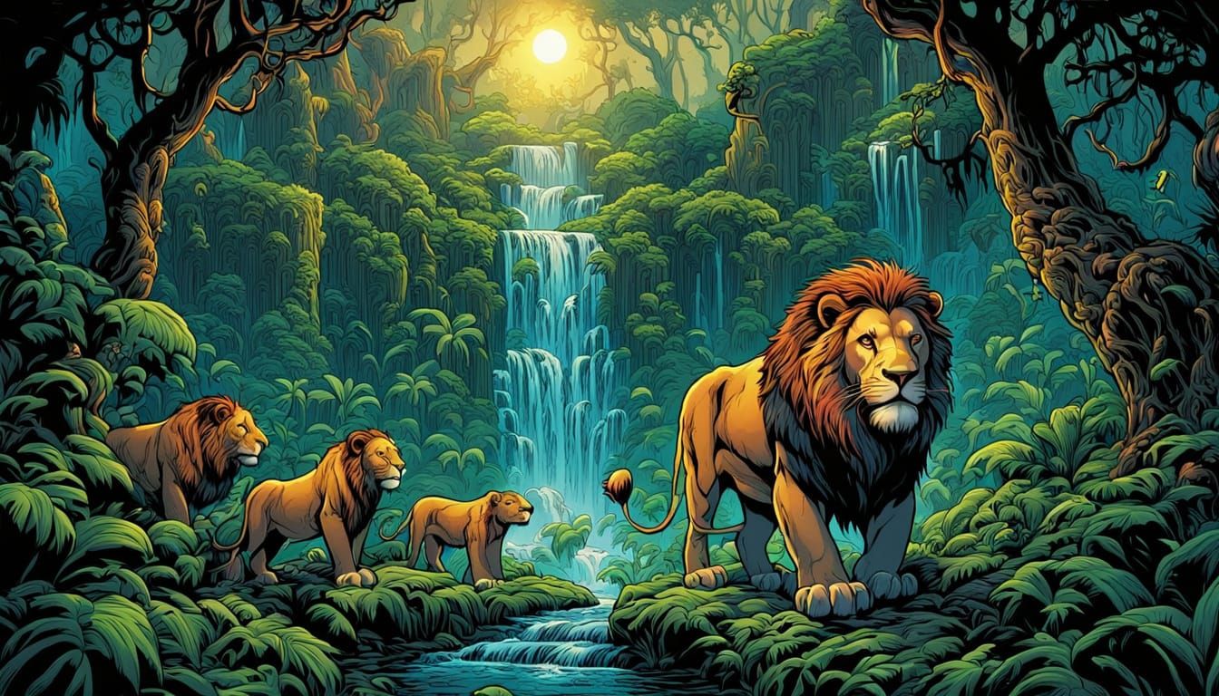 Lion Leads Animals to Jungle Temple in Comic Art