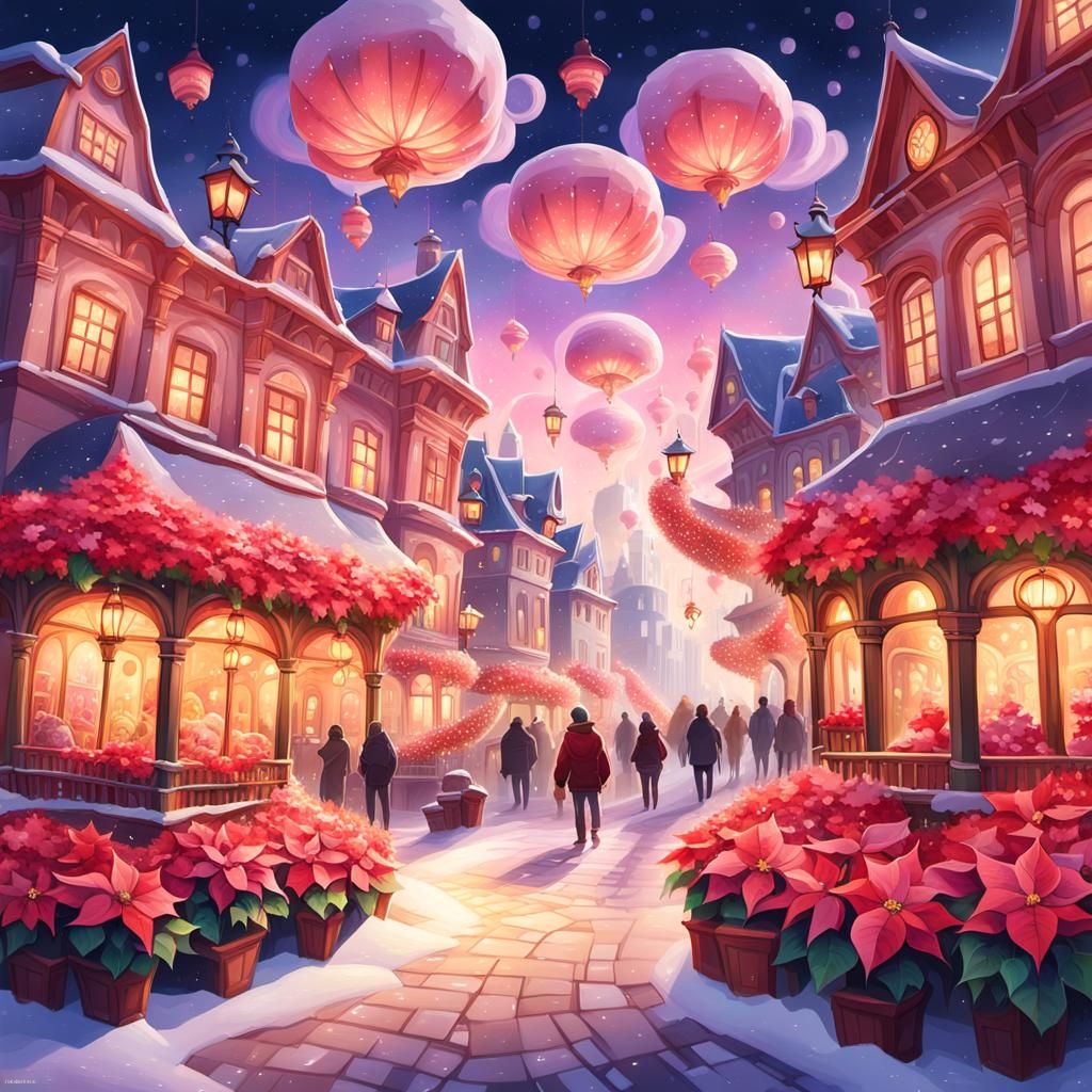 Whimsical Christmas Fantasy City in Gouache Style