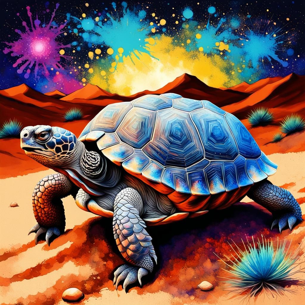 Desert Tortoise in Vivid Ink Splatter Paint Style