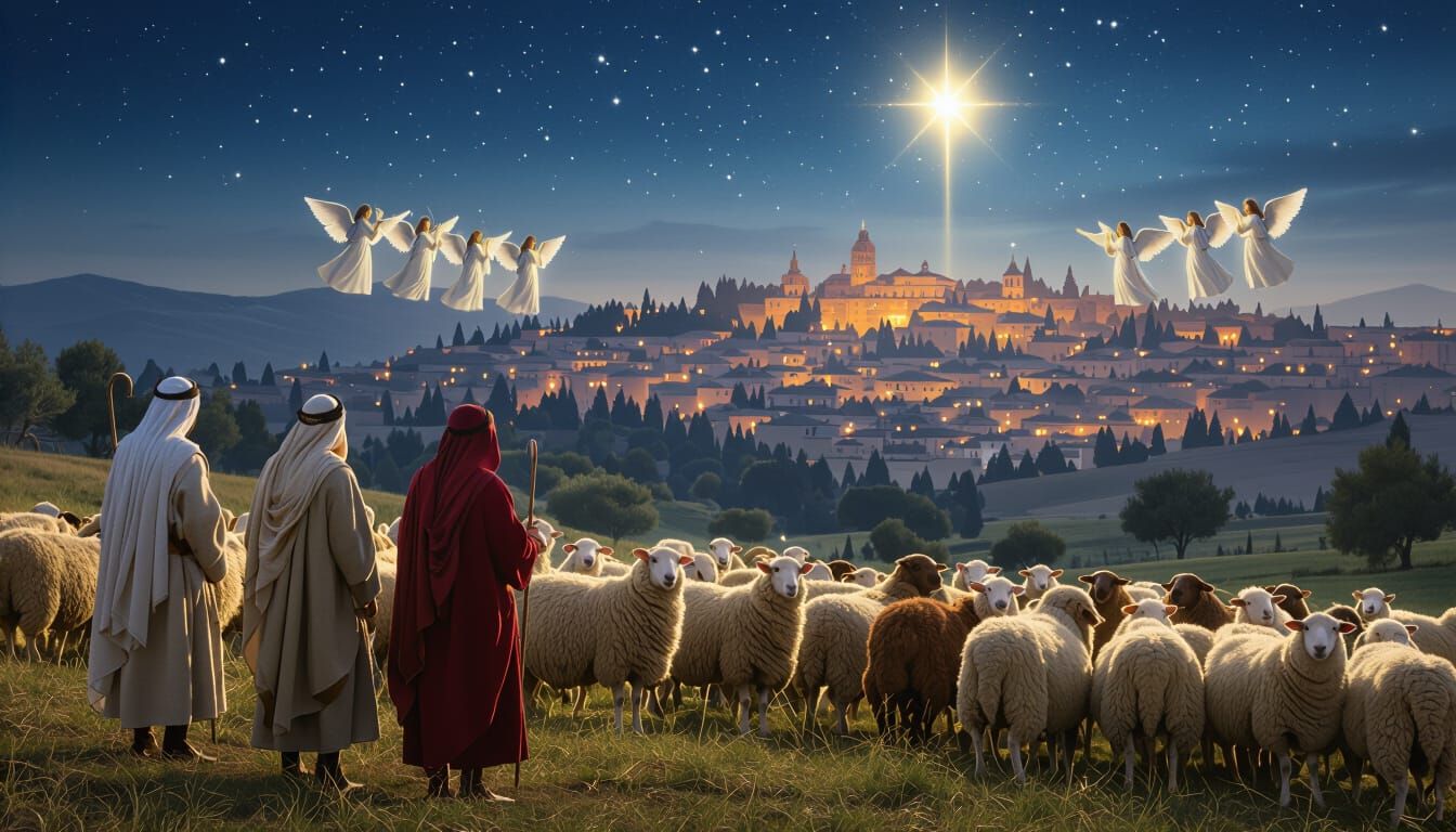 Biblical Shepherds and Angels Above Bethlehem City