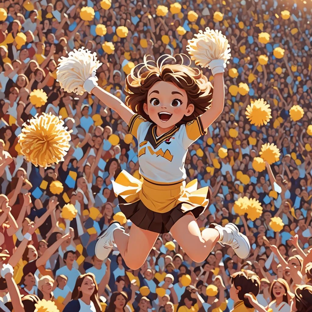 Cheerleader Jumps with Pom-Poms in Pixar Style
