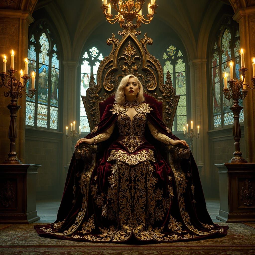 Regal Medieval Queen in Velvet Cloak, Candlelit Throne