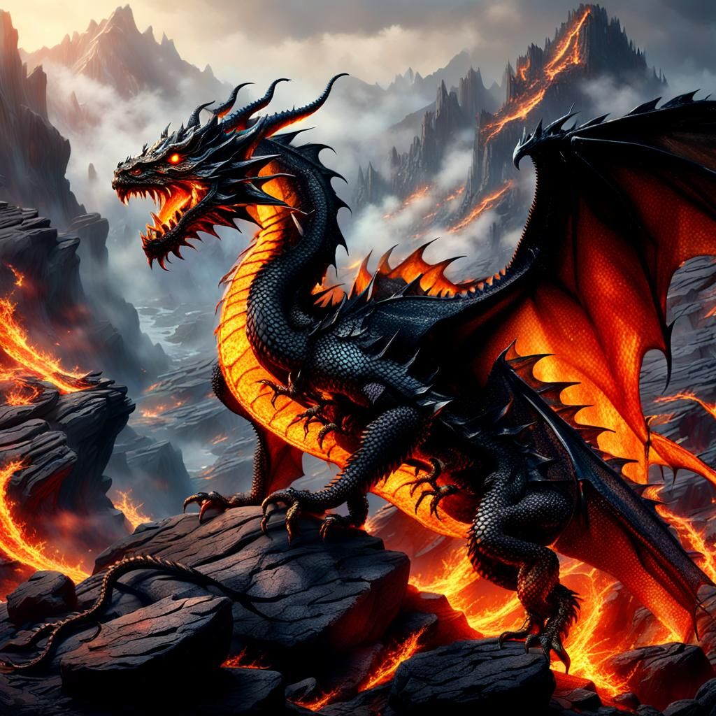 Fire Dragon Perched Atop Molten Rock Cliff