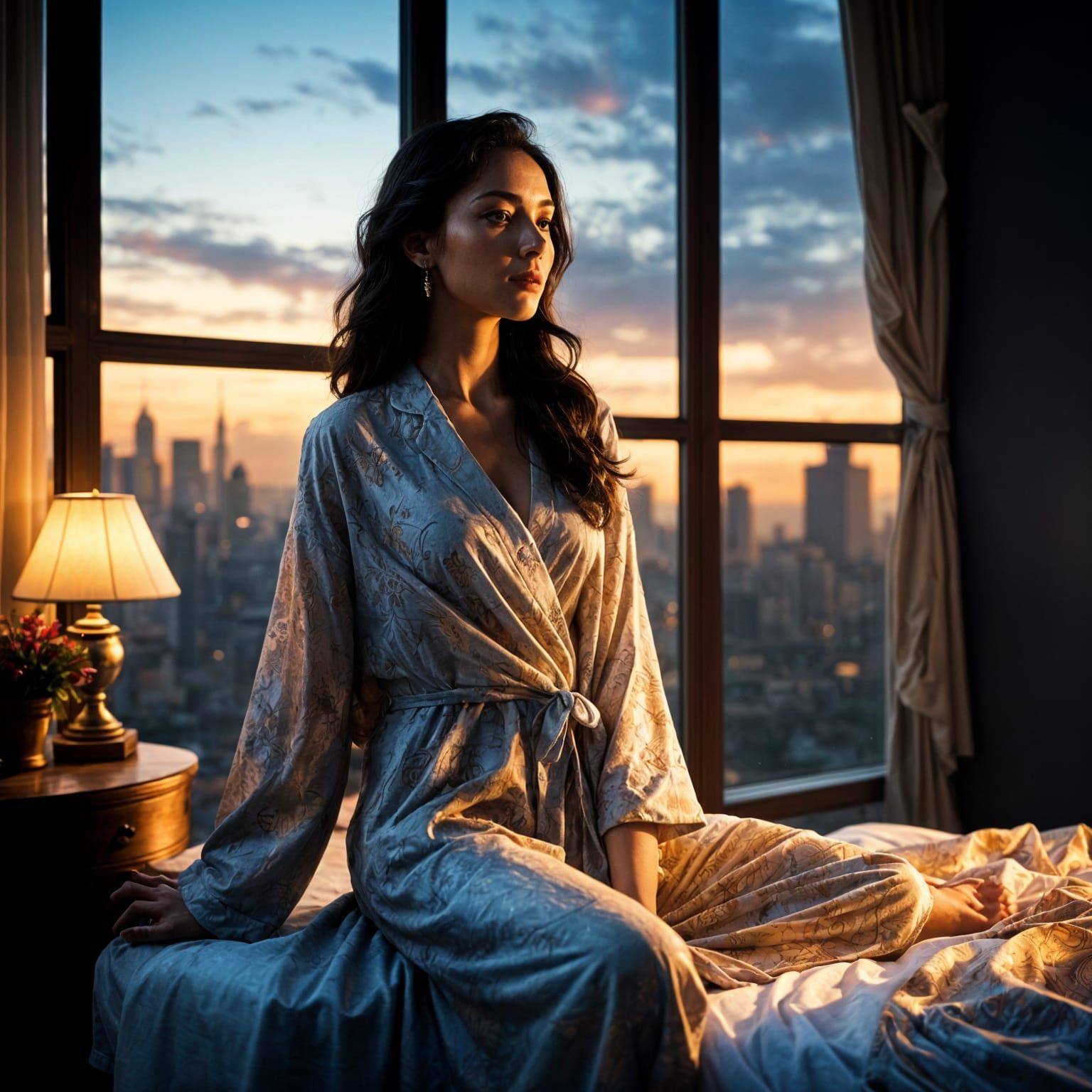 Ethereal Lady in Pyjamas with City View