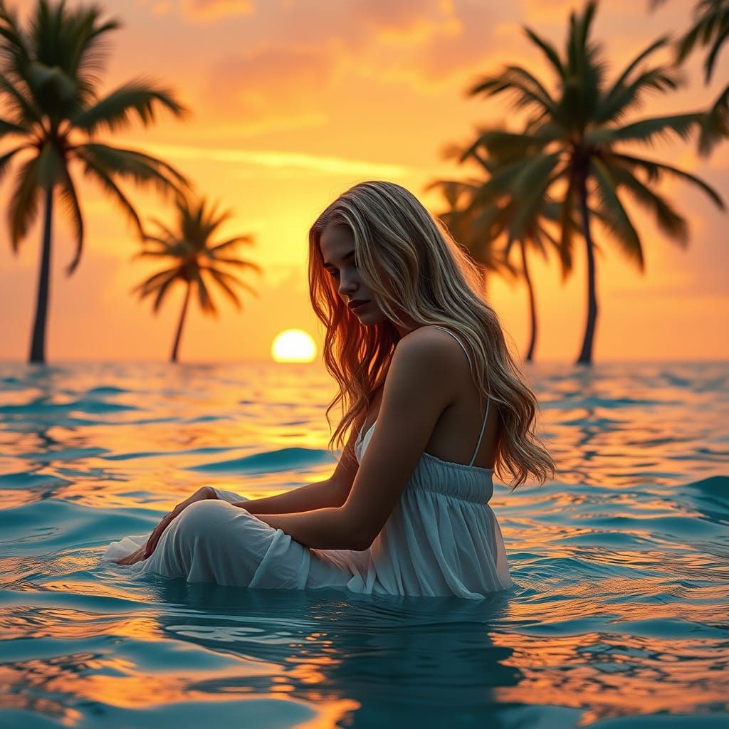 Serene Young Woman in Turquoise Water at Sunset in Cinematic...