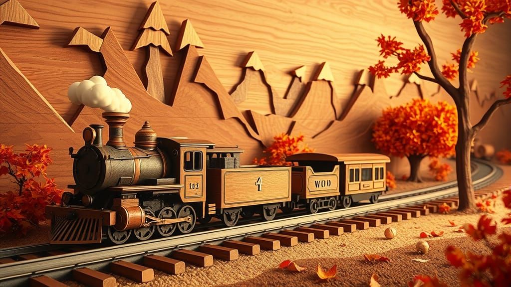 Wooden Autumn Landscape with Retro Train