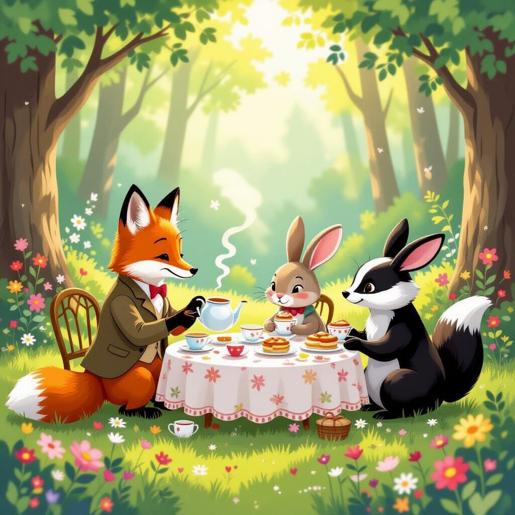 Woodland Creatures Tea Party Storybook Illustration