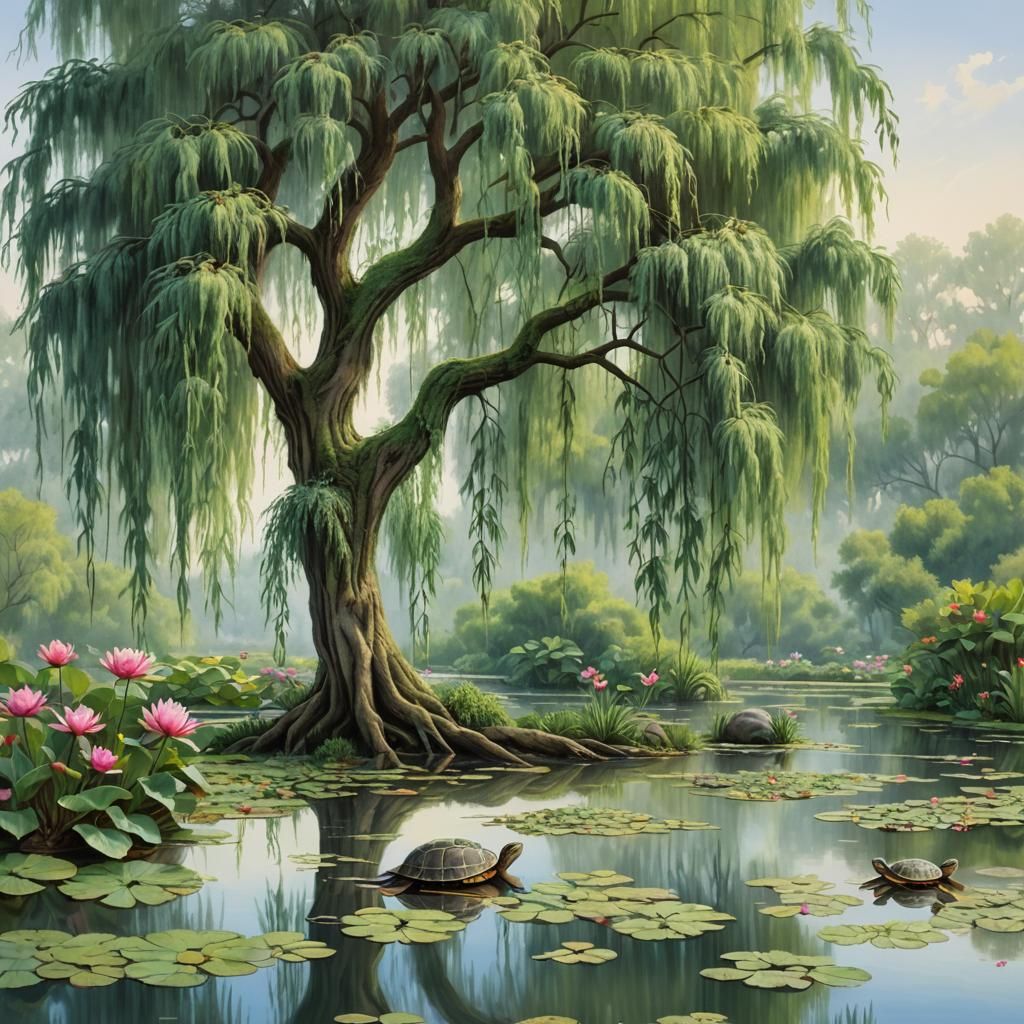 Weeping Willow and Turtles by Pond