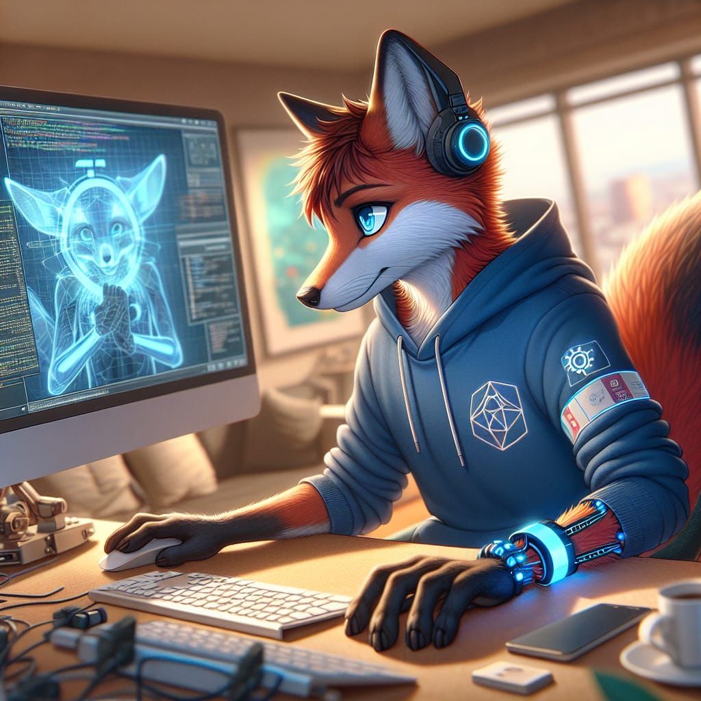 Anthropomorphic Fox in Cozy AI-Filled Living Room