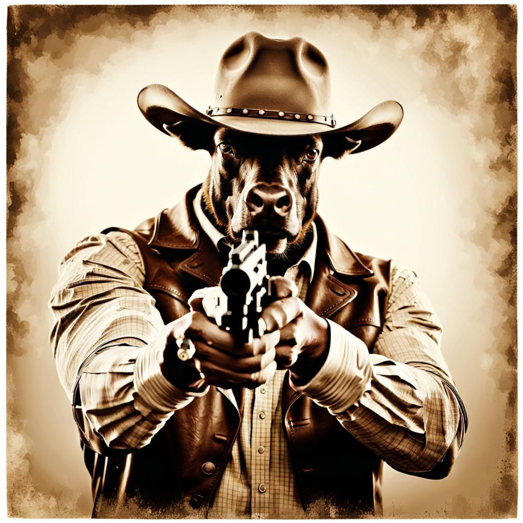 Sepia Cowboy Bull Gunfight in Aged Photograph Style