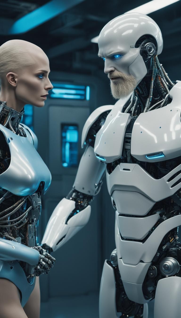 Futuristic Humanoid Robot Surrounded by Worshippers