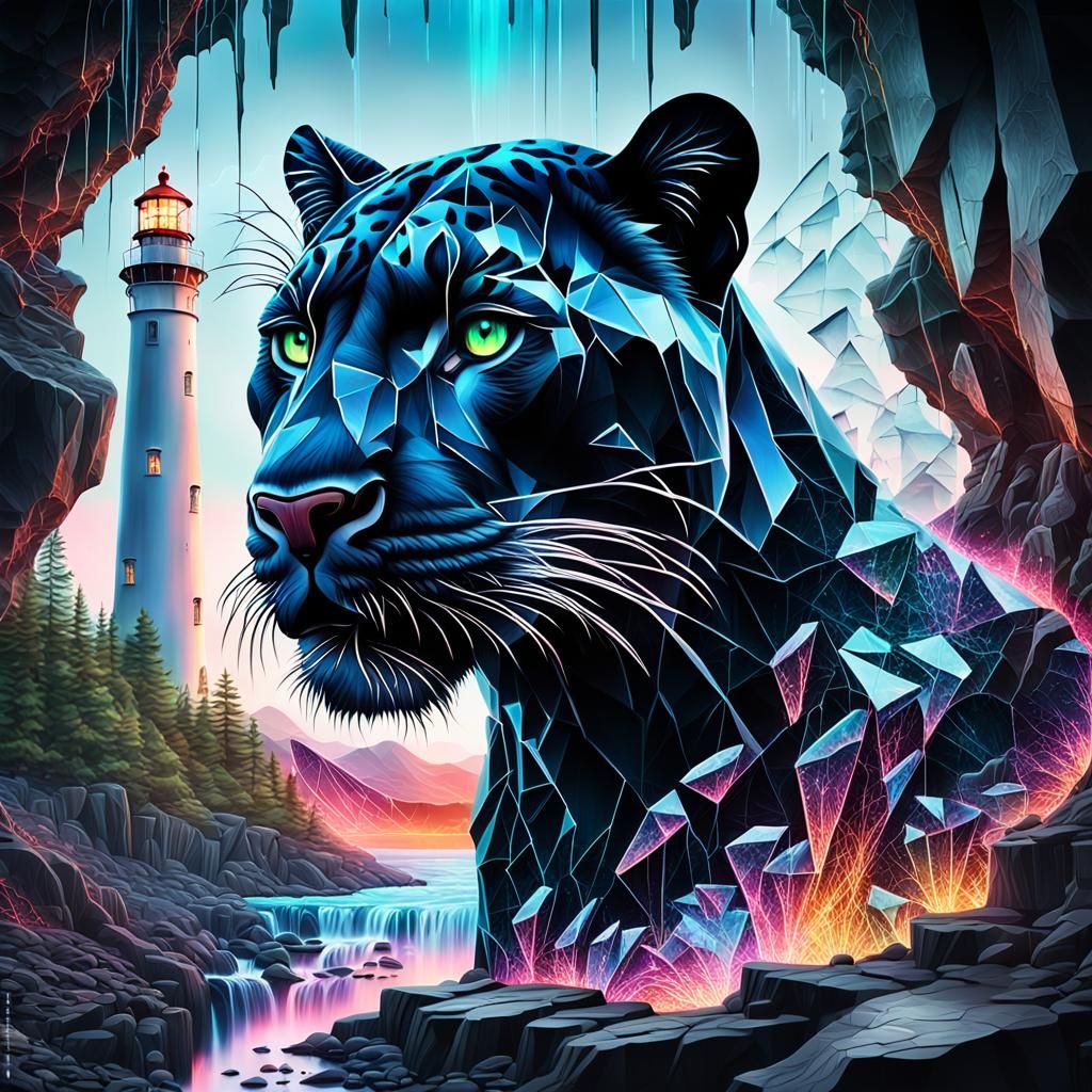 Surreal Panther in Shattered Glass Double Exposure