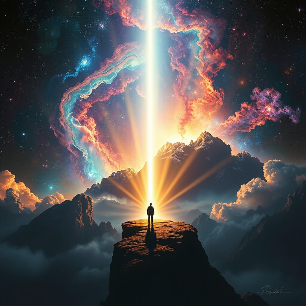 Cosmic Figure on Precipice in Surrealist Style