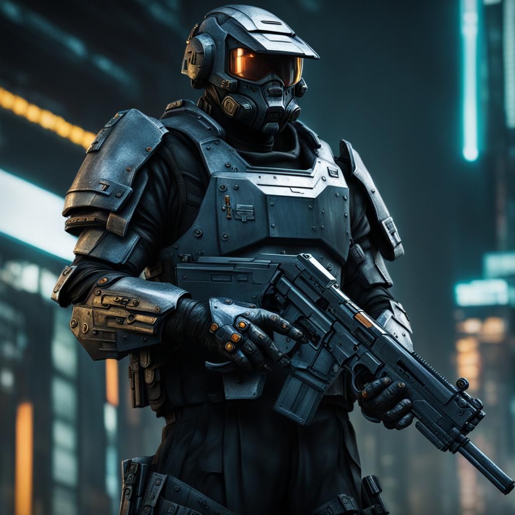 Cyberpunk Armored Guard with Pistol