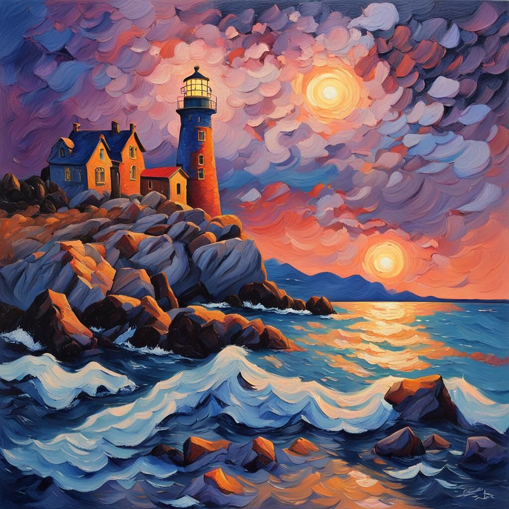 Lighthouse on Rocky Shore: Van Gogh Impressionism