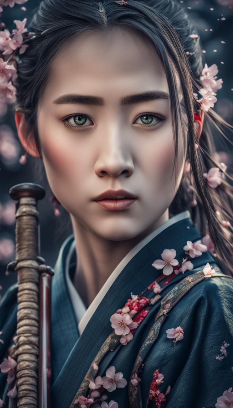 Japanese Warrior with Cherry Blossoms in Kimono