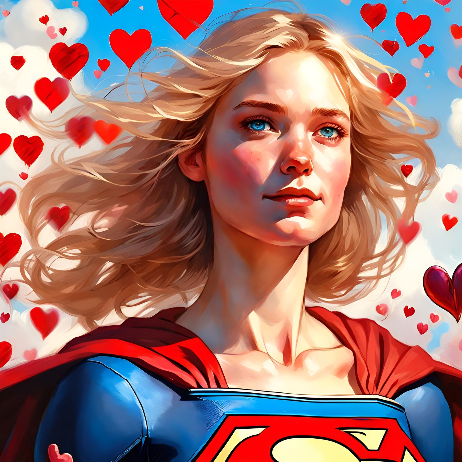 Supergirl Portrait Surrounded by Hearts in Detailed Art