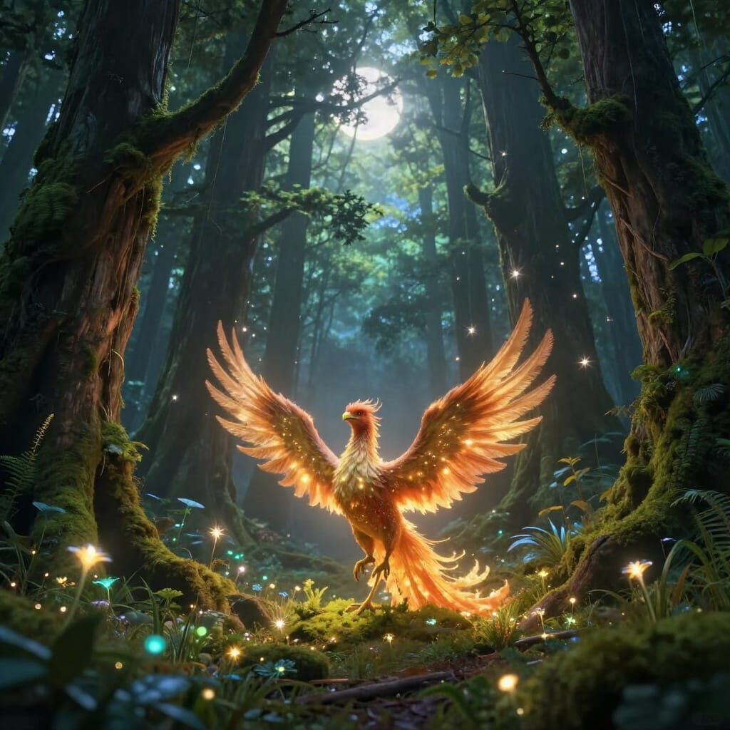 Baby Phoenix in Mystical Forest Clearing with Bioluminescent...