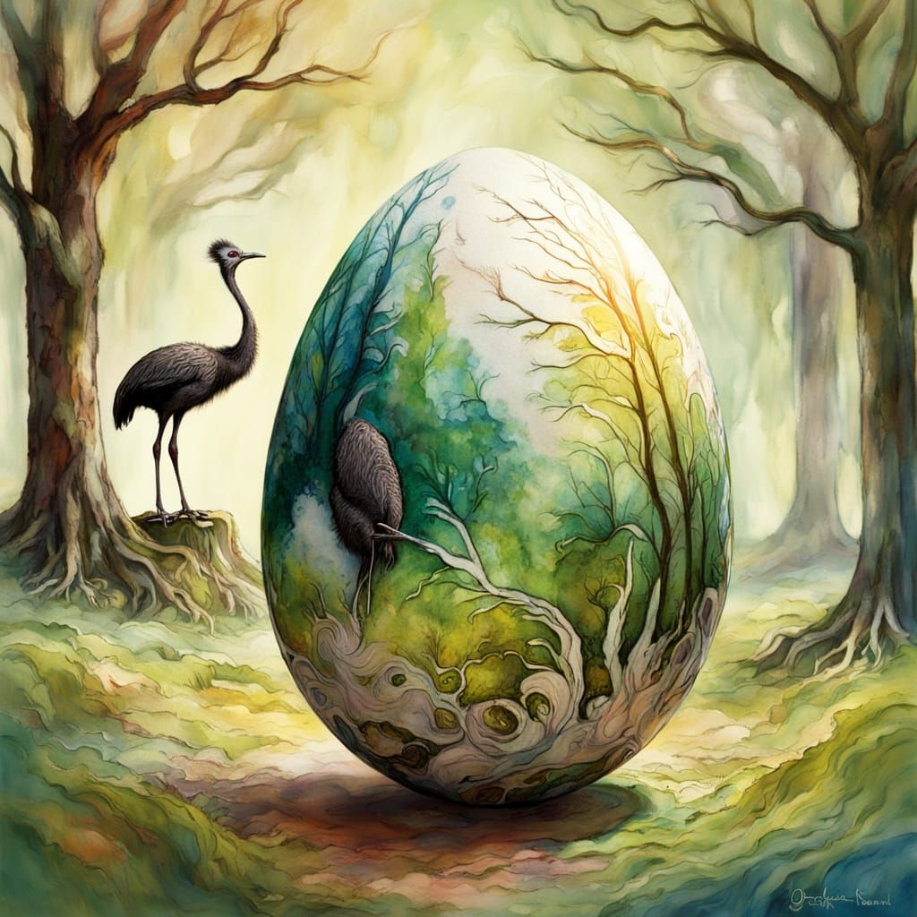 Majestic Ostrich and Easter Bunny Encounter in Whimsical Woo...