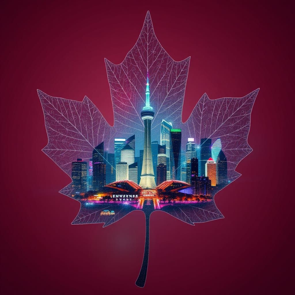 Maple Leaf Silhouette with New Year Cityscape